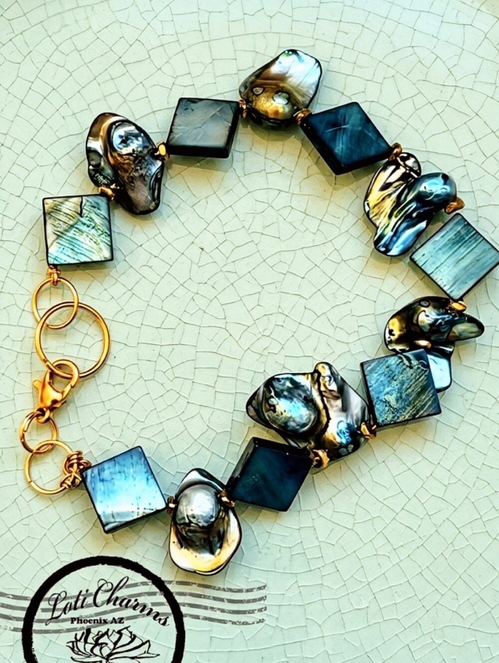 Teal Mother Of Pearl & Teal Free Form Baroque in All Natural Pearls Bracelet